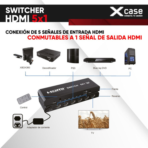Switch Hdmi Xcase De 5x1 Resolucion Full Hd 3d Metalico