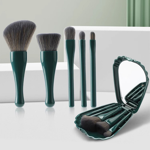 Set Brochas De Maquillaje Mini 5 Piezas Con Espejo Portatil