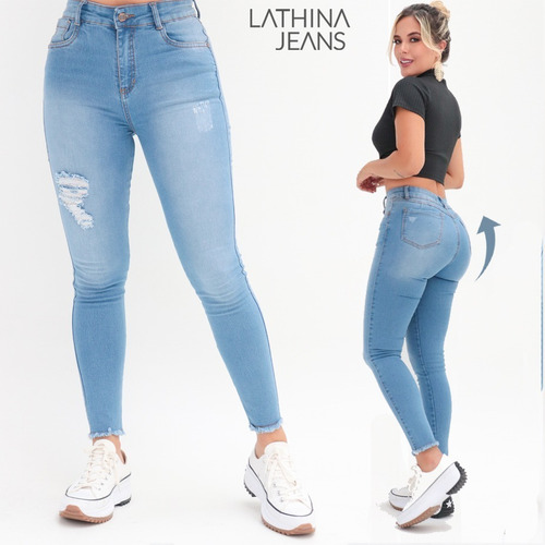 Imagen 2 de 10 de Jeans Tiro Alto Azul Flecos Stretch Dama Skinny Levantacola