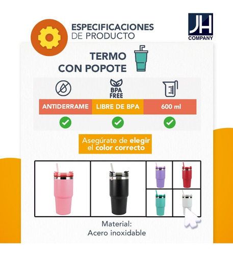 Imagen 7 de 7 de Termo Vaso Termico Tapa Hermetica + Popote 600 Ml 6207