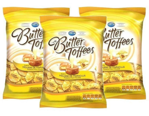 3 Bala Butter Toffees Sabor Mousse De Maracujá Arcor 500g