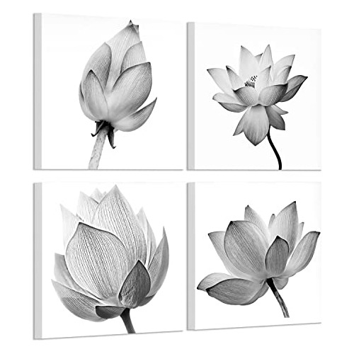 4 Paneles De Arte De Flores Blanco Y Negro Elegante Imp...