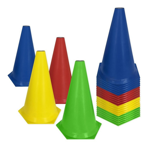 Kit 24 Cones Marcação Muvin 24cm Treino Funcional Agilidade Cor Azul/Amarelo/Vermelho/Verde