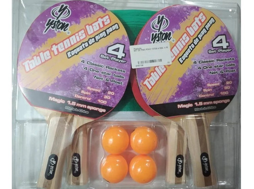 Set De Ping Pong Yston 4 Raq. 4 Pelo. Malla Paral.  L3o