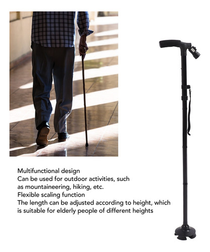 Bastón Plegable Ajustable Con Luz Led Y 4 Puntos De Apoyo