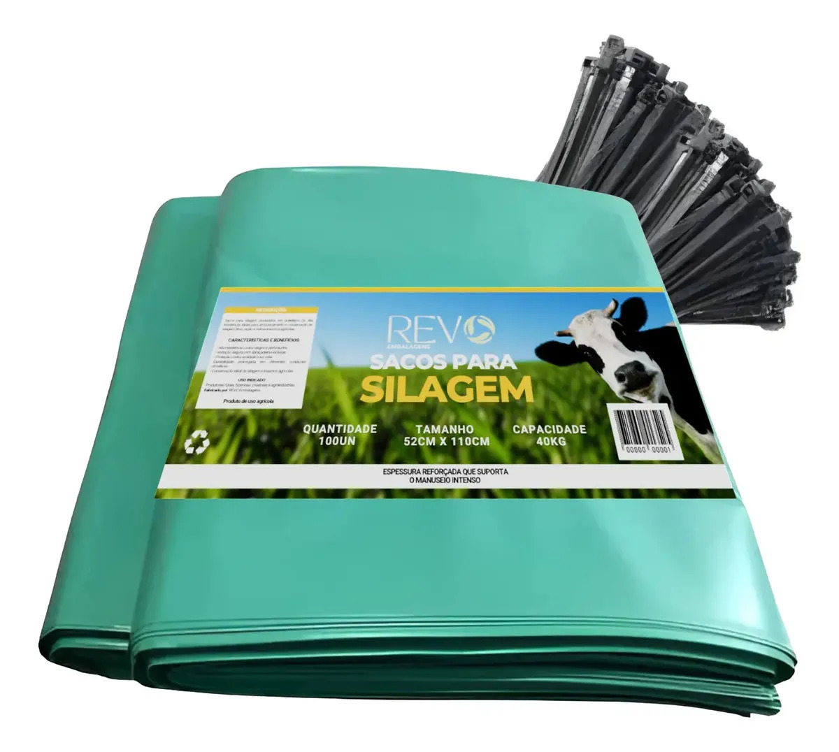 Kit 100 Sacos Silagem 52x110 200 Micras + 100 Abraçadeiras Cor Verde