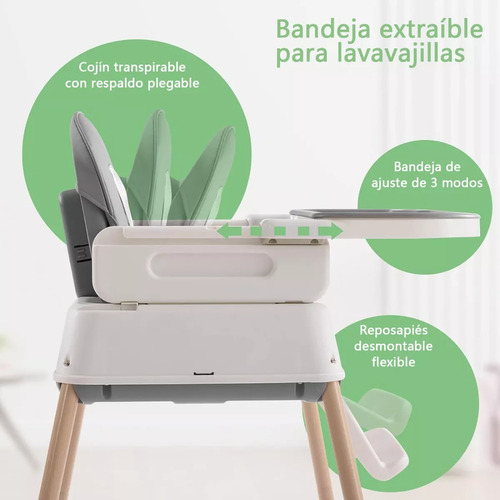 Banna Trona De Bebé Gris 5 En 1 Bandeja Y Cojín De Pu Impermeable Extraíble Fácil De Montar, Fácil De Plegar, Fácil De Limpiar, Con Estructura Piramidal Estable Y Material Resistente
