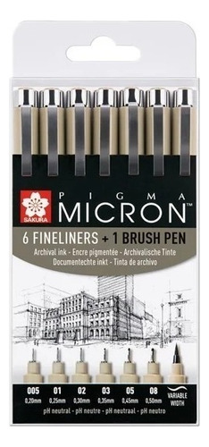 Sakura Pigma Micron 6 Microfibras Negras+ 1 Brush Set