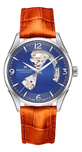 Reloj Hamilton Jazzmaster Open Heart H32705541 Correa Marrón Claro Bisel Plateado Fondo Azul