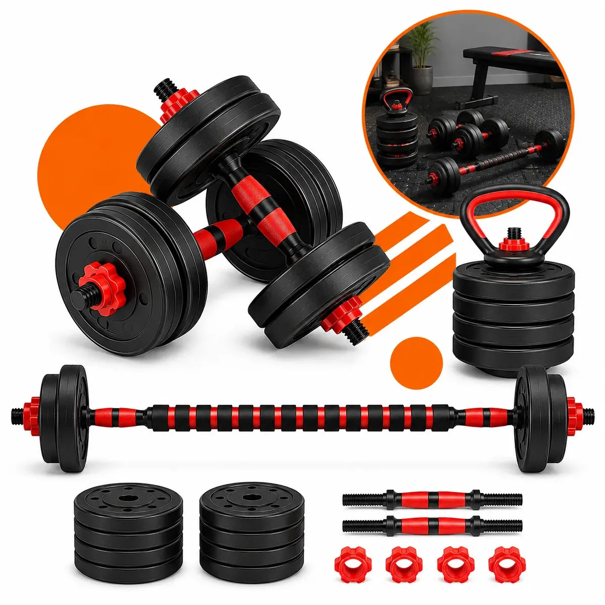 Kit Halteres Ajustáveis Musculação 15kg 6 Em 1 Barra Anilhas Kettlebell Preto Vermelho Pró Brindes