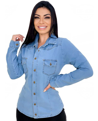Camisa Jeans Feminina Manga Longa Com 2 Bolsos - Azul Claro