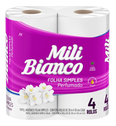 Papel Higiênico Mili Bianco Folha Simples Perfumada 30mx4rls