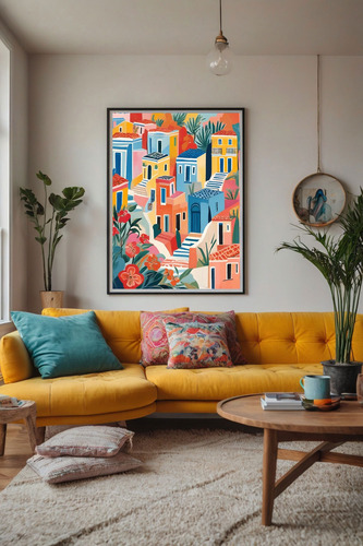 Lámina Decorativa Impresa Barrio Edificios Casas Colores Multicolor Sin Armazón