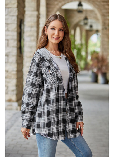 Camisa Casual A Cuadros Con Capucha Para Mujer