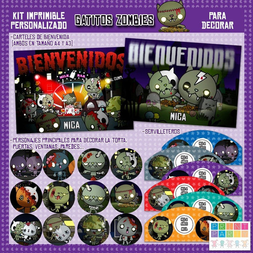 Gatitos Zombies Kit Imprimible Personalizado Con Candy Bar