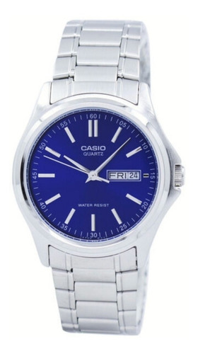 Reloj Casio Mtp-1239d-2a Correa Acero Fondo Azul Doble Fecha Color de la correa Plateado Color del bisel Plateado