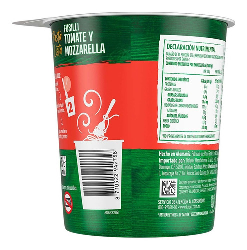 Pasta Lista Fusilli Tomate Y Mozzarella Knorr 72g