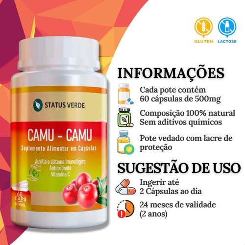3 Potes Camu-camu 500mg 100% Puro Natural Kit 180 Cáps - Status Verde