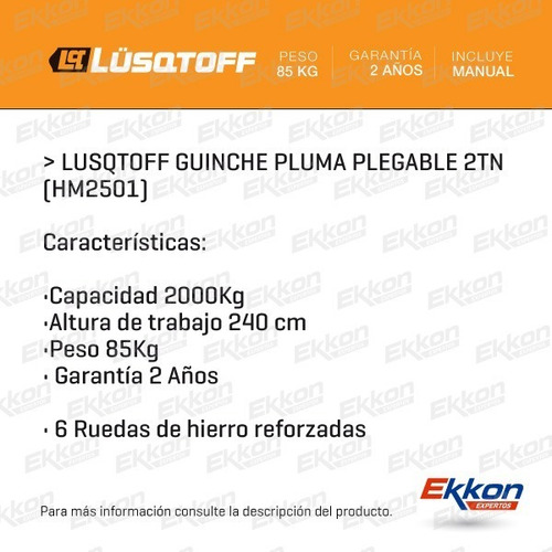 Imagen 2 de 9 de Guinche Pluma Plegable Lusqtoff 2 Toneladas Hm2501