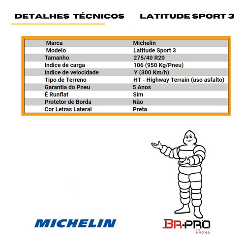 Pneu Michelin 275/40 R20 106y Latittude Sport 3 Runflat