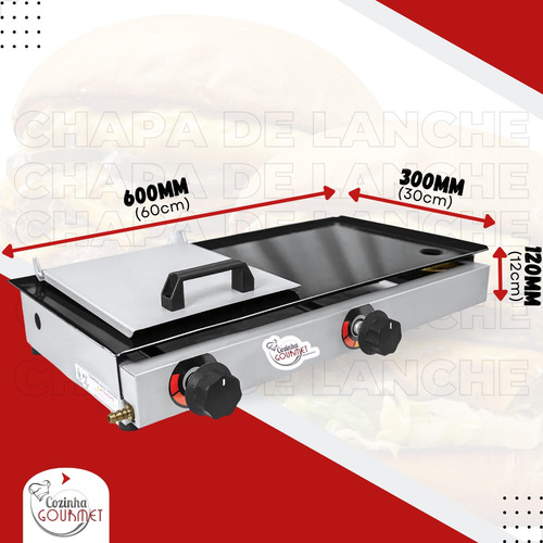 Chapa Lanche Hot Dog C/ Prensa 30x60 Inox A Gás 2 Bocas Cor Cinza N A
