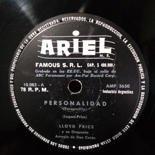 Lloyd Price Personalidad Disco De Pasta 78rpm Muy Bueno