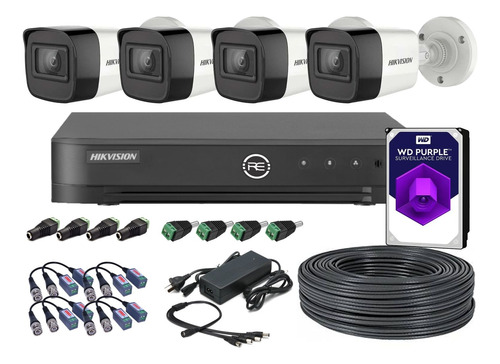 Hikvision Kit De Seguridad Dvr 8 Canales Turbo Hd 8ch + 4 Camaras Cable Utp Balun Fuente Disco Western Digital Purple
