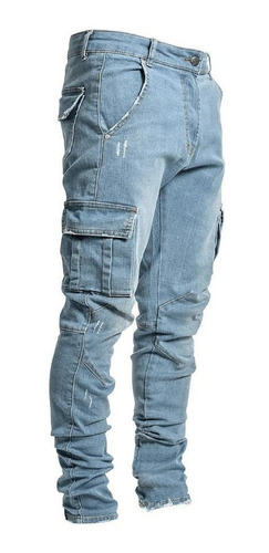 Pantalones Jeans Hombre Moda Cargo Clásico Gran Bolsillo