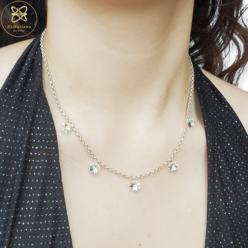 Cadena Plata Con 5 Dijes Cristal Swa Aurora Boreal 8mmx45cm