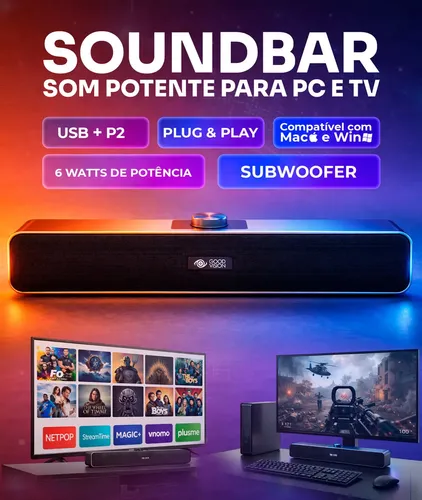 Caixa De Som Para Computador Pc Tv Notebook Projetor Soundbar Cinema Com Cabo Auxiliar E Conexão Usb Goodvision Cor Preto