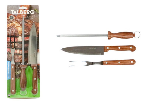 Kit Churrasco 3 Peças Inox Garfo Faca Amolador Talberg