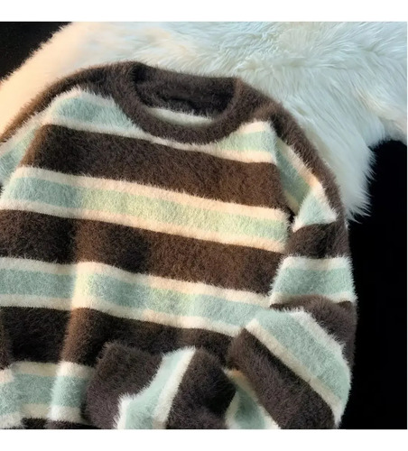Suéter Tejido A Rayas Estilo Americano Cuello Redondo