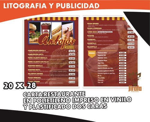 5 Cartas De Restaurante 20x28 Pasta Dura En Vinilo Dos Caras