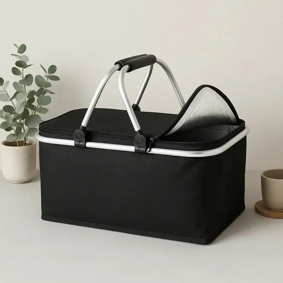 Cesta De Piquenique Bolsa Térmica Grande Passeio Romântico Cor Preto Mantem Quente Ou Frio Dobravel E Compacto Costura Reforçada
