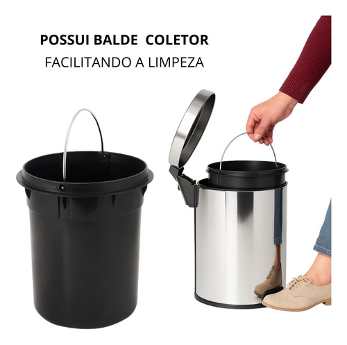 Lixeira Inox 12l Com Pedal +balde Interno Cozinha Banheiro Cinza