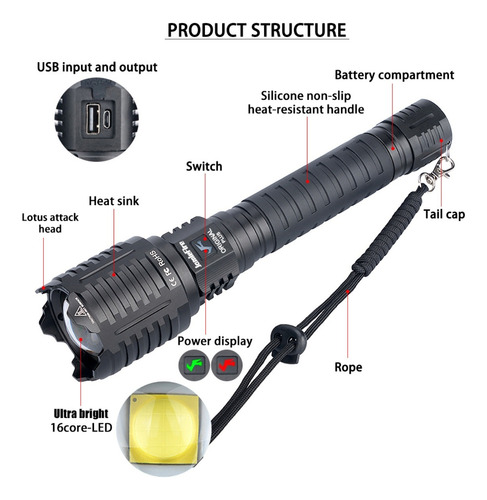 Linterna Tactica Led Hxp160 +6800lm +280m Recarg. Jf009 1