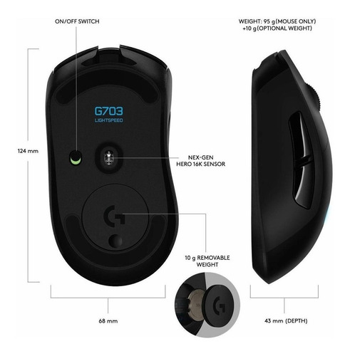 Imagen 6 de 8 de Mouse gamer de juego inalámbrico recargable Logitech G Series Lightspeed G703 negro