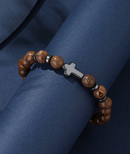 Pulsera De Piedra Natural Con Cruz Acero Brazalete Ajustable Café 17.5 Cm 17.5 Cm