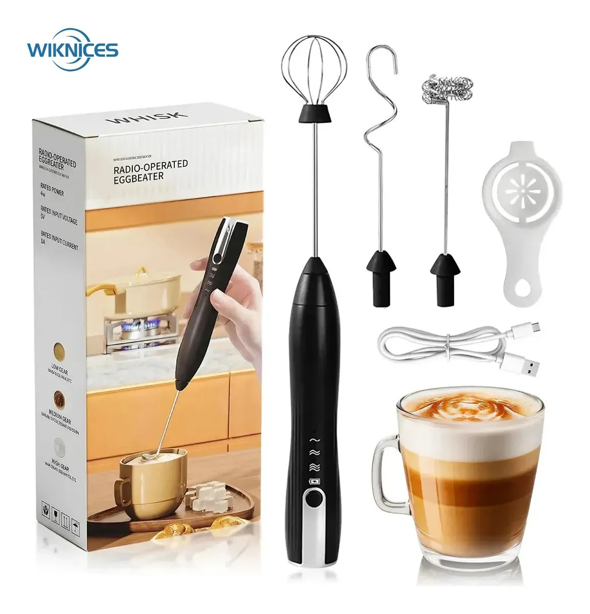 Wiknices Espumador Eléctrico De Leche Y Café, 3 Velocidades/recargable 8000 Rpm, 10000 Rpm Y 12000 Rpm Voltaje 5 V Potencia Nominal 4 W Tamaño Del Mango 3*17 Cm 3 Agitadores De Ace