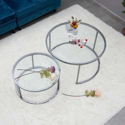 Combo Modelo Extra Mesas Redondas Nido Cristal Templado Plateado
