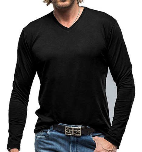 R Manga Larga Con Cuello En V Liso Casual Para Hombre Con Cu