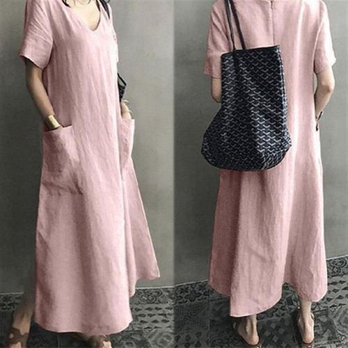 Vestido De Lino Y Algodón Con Cuello En V Para Mujer