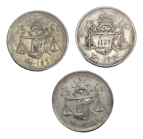 Monedas 25 Centavos Plata 300 Balancita 3 Piezas Año 1951 