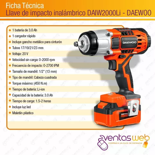 Llave De Impacto A Bateria Daewoo Daiw2000li 450nm 2700ipm - DAEWOO  HERRAMIENTAS ELECTRICAS - Megatone