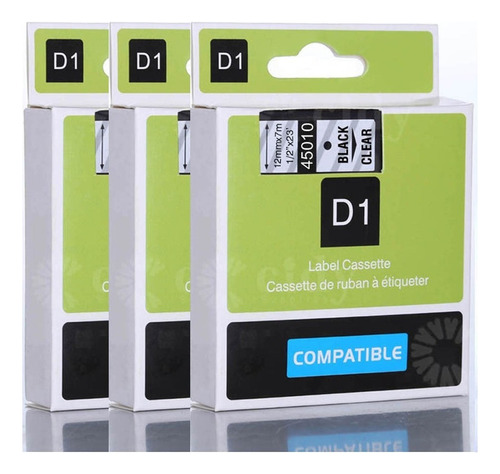 3pcs 45010 Para D1 12mm 1/2 Cinta Transparente Dymo Labelman