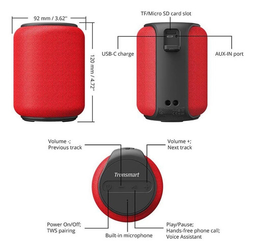Parlante Bluetooth 15 W Tronsmart Element T6 Mini - Rojo