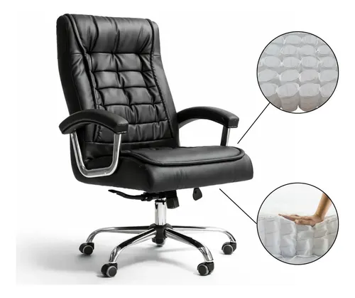 Cadeira De Escritório Reclinare Presidente Ergonômica Tecnológica Com 42 Molas Ensacadas Revestimento Pillow Top No Assento E No Encosto Com Sistema Relax E Trava Cor Preto Couro