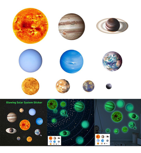 Calcomanías Luminosas Para Pared, 9 Piezas Planetas S