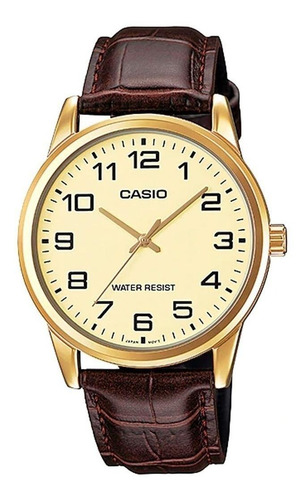 Imagen 1 de 4 de Reloj de pulsera Casio Enticer MTP-V001 de cuerpo color dorado, analógico, para hombre, fondo dorado, con correa de cuero color marrón, agujas color dorado, dial negro, minutero/segundero negro, bisel color dorado y hebilla simple
