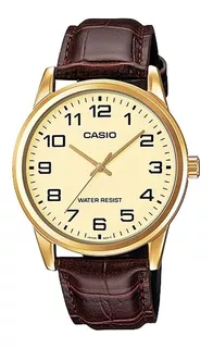 Reloj pulsera Casio Enticer MTP-V001 de cuerpo color dorado, analógico, para hombre, fondo dorado, con correa de cuero color marrón, agujas color dorado, dial negro, minutero/segundero negro, bisel co